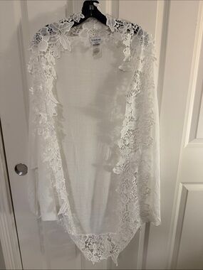 bebe White Crochet-Trim Open Front Cardigan Coverup